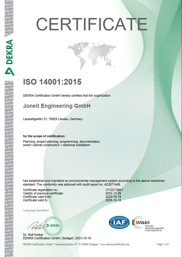 ISO 14001:2015 Zertifikat von Joneit Engineering - en